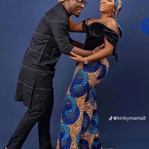 Couples African outfit, Ankara mermaid dress, Ankara gown, African wedding outfit, African engagement outfit, African print gown, men Kaftan