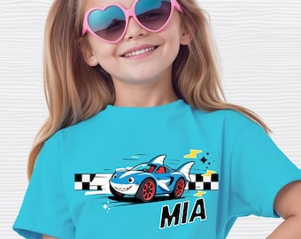 Comfort Colors® Custom Kids Car Shirt with Name, Kids Shark Race Car Shirt, Mega Shark Shirt, Summer Vacation Tees, Beach Tee