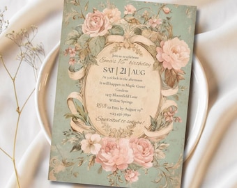 Vintage Rose Birthday Invitation Template | Elegant Party Invite (Canva Editable)