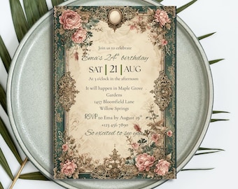 Vintage Floral Birthday Invitation | Elegant Garden Canva Template