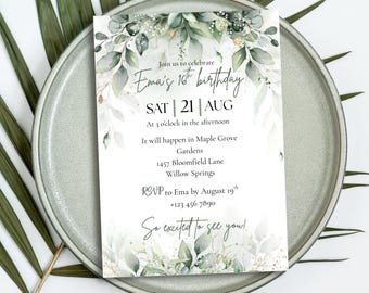 Elegant Green Birthday Invitation: Editable Canva Template (Instant Download)