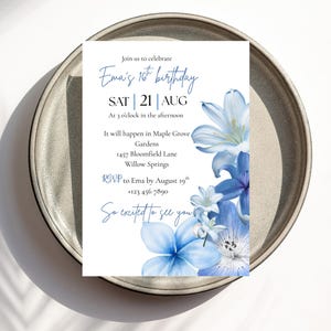 Blue Floral Birthday Invitation Template | Editable Canva Invitation  | Printable Garden Party Invite | Customizable Digital Download