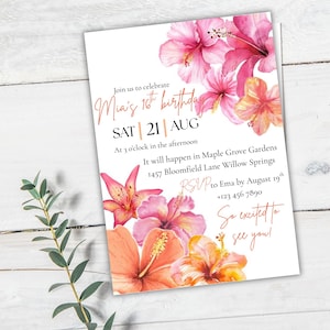 Editable Orange & Pink Floral Birthday Invitation Template | Boho Garden Party Invite | Canva Template | Instant Download