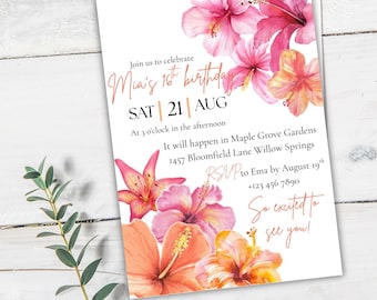 Floral Birthday Invitation Template: Boho Garden Party, Orange & Pink (Canva Editable, Digital Download