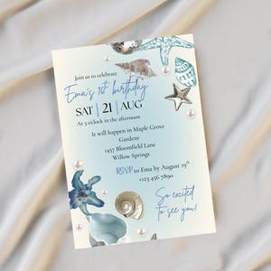 Blaue Blumen Geburtstagseinladung: Elegante Küsten Canva Vorlage (Digitaler Download