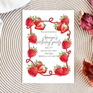 Strawberry summer party invitation, invitation template, birthday party invitation, Editable Girl's Strawberry Theme Celebration Printable