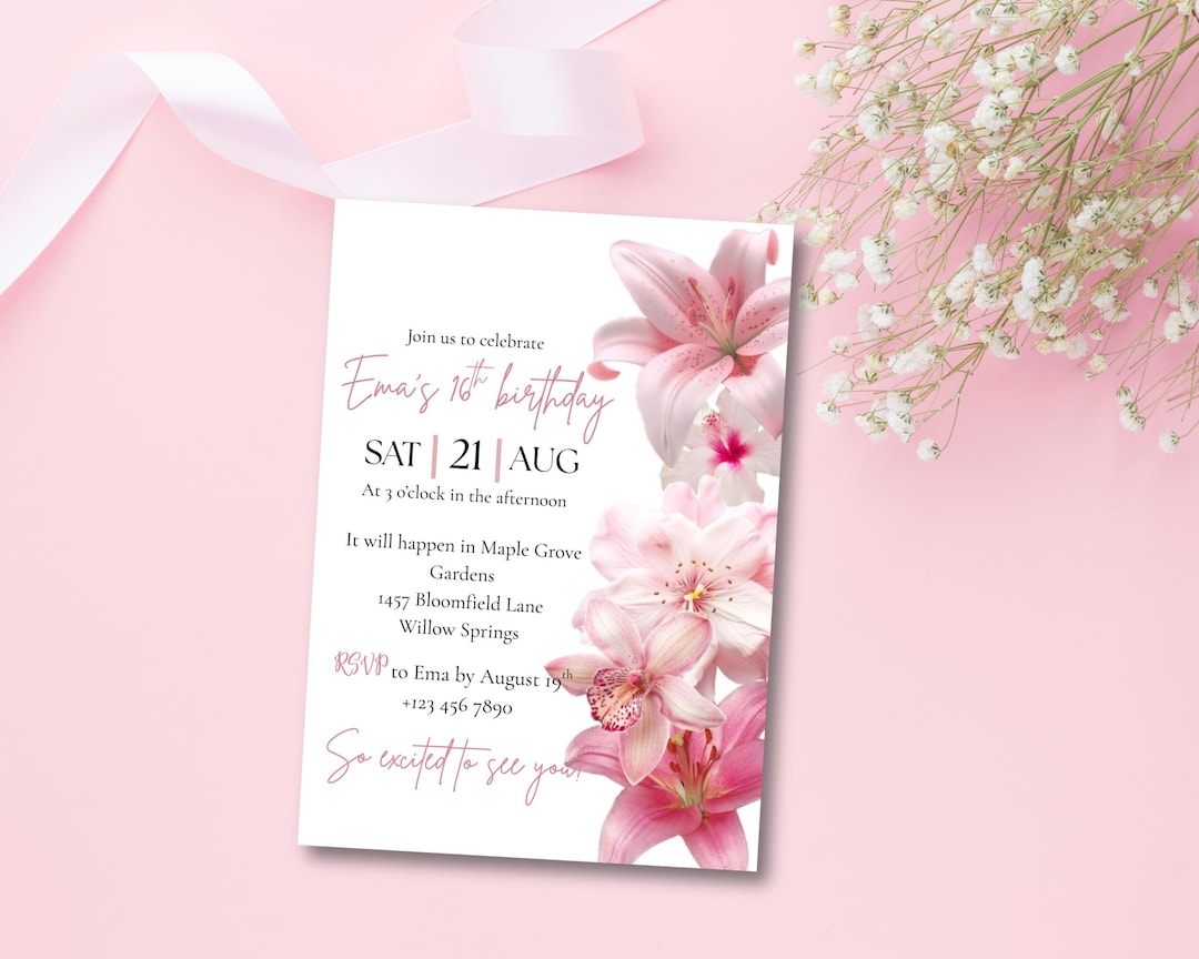 Elegant Lily Birthday Invitation Template: Floral Canva Design
