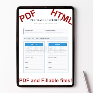 以下が含まれることがあります： デジタルタブレットには、売り手と買い手の情報フィールドがある「購入契約」フォームが表示されています。 ドキュメントは赤で「PDF」と「HTML」とラベル付けされており、下部に「PDF and Fillable files!」というテキストがあります。