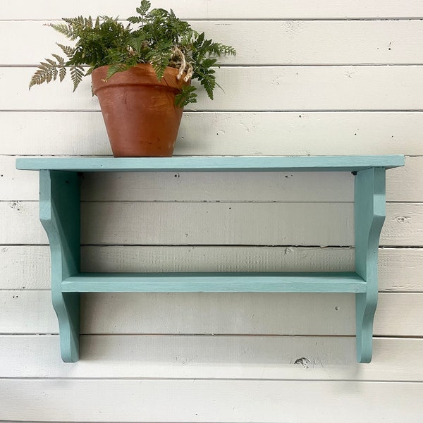 Small Teal Wood Wall Hung Shelf Small Painted Shelf Blue Green Turquoise Wood Shelf Shelving Bathroom Kitchen Cottage Style Spices Plants