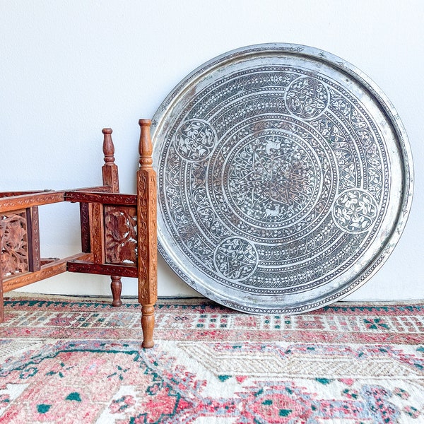Vintage MCM Table Copper Tray with Silver Overlay Large Round Tray with Folding Table Legs Hand Carved Wood Islamic Middle East Morocco