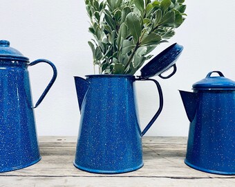 Speckleware Tea Kettle | Graniteware Tea Pot | Blue Tin Kettle | Camping Dishes | Farmhouse Decor | Rustic | Blue Pitcher | Enamelware