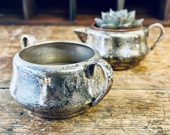 Silverplate Creamer and Sugar Bowl Set of 2 | Tarnished Silver | Small Planter | Brass | Made in India Silverplate Brass