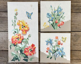 Vintage Paint by Number Painting Set of 3 | Floral Paint by Number Flowers Pastels | Collectible Mid Century Painting Acrylic 1950s Art