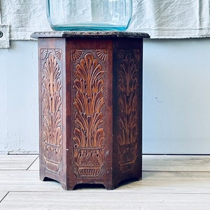 Carved Octagon Side Table | Boho Wood Table | Plant Pattern | Leaf Pattern | Sun | India | Mexico | Rustic | Plant Stand