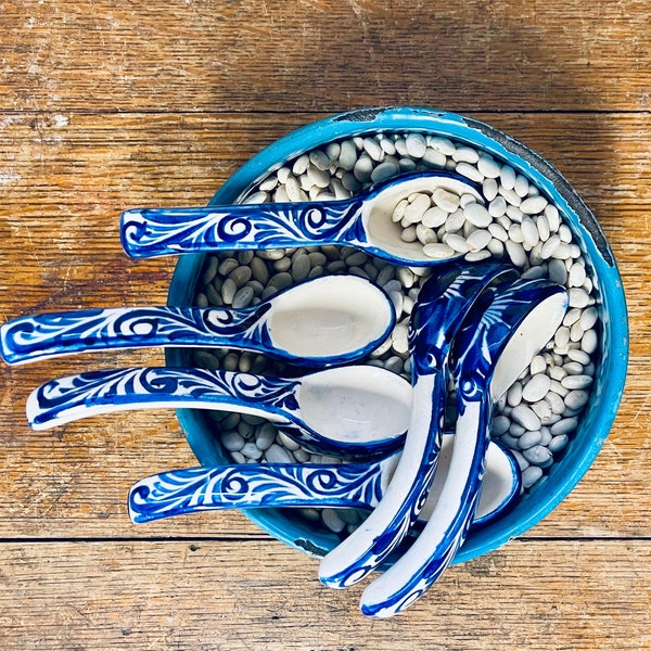 Spice Spoons Serving Spoons Teaspoons | Boho Blue and White Floral Spoons | Blue + White Pottery Spoons | Ceramic Hand Painted