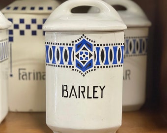 Antique Blue Stencil BARLEY German Dutch Ceramic Canisters  | Blue + White Kitchen | Antique German | Barley Canister French Blue Canister