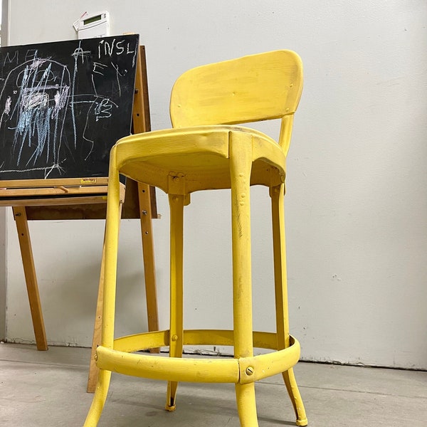 Industrial Stool | Vintage Yellow Metal Shop Stool | Kids Stool | Industrial Bar Stool | Step Stool Kitchen Plant | Distressed Painted Metal