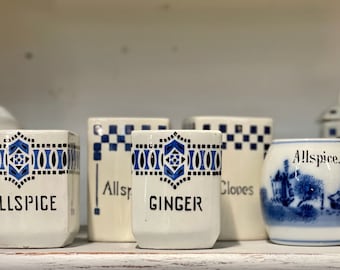 Antique Blue Stencil German Spice Jars | Blue White Kitchen | Modern Farmhouse | Spice Jars Shaker | Ginger Pepper Allspice Cloves Cinnamon