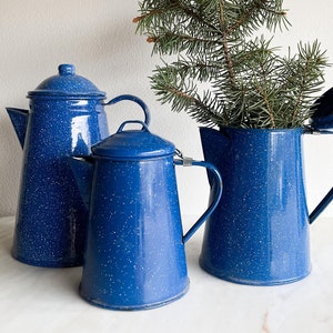 Vintage blauw gespikkelde waterkoker Franse emaille koffie percolator rommelmarkt granieten theepot vinden metalen camping koffie speckleware