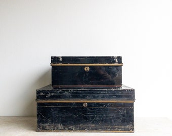 Caja de metal negro para almacenamiento, caja de banqueros industriales rústica, caja de herramientas, almacenamiento artesanal, estante de almacenamiento de arte, caja de estilo industrial con tapa