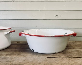 Red and White Enamel Bowl with Handles Modern Farmhouse European French Farmhouse Kitchen Camping Washing Metal Bowl Wash Basin Large Bowl