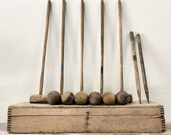 Antique Primitive Croquet Set | Lawn Balls | Lawn Bowling | Wood Croquet | Vintage Sports Decor | Yard Games | Wood Balls