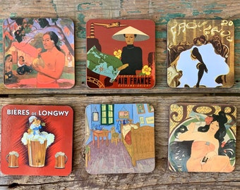 Vintage French Art Coasters Lot of 6  | Cork Art Coasters Bar Gift Beer Coasters Beer Mats | Van Gogh Gauguin Art Nouveau Impressionism