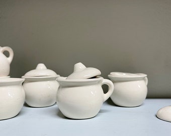 Tiny Ceramic Bowls Cups Lids | Spice Salt Sugar Dish | Paint Pot | Herb Tea Coffee Creamer | Pottery Handmade | Cream White 1970s Stoneware