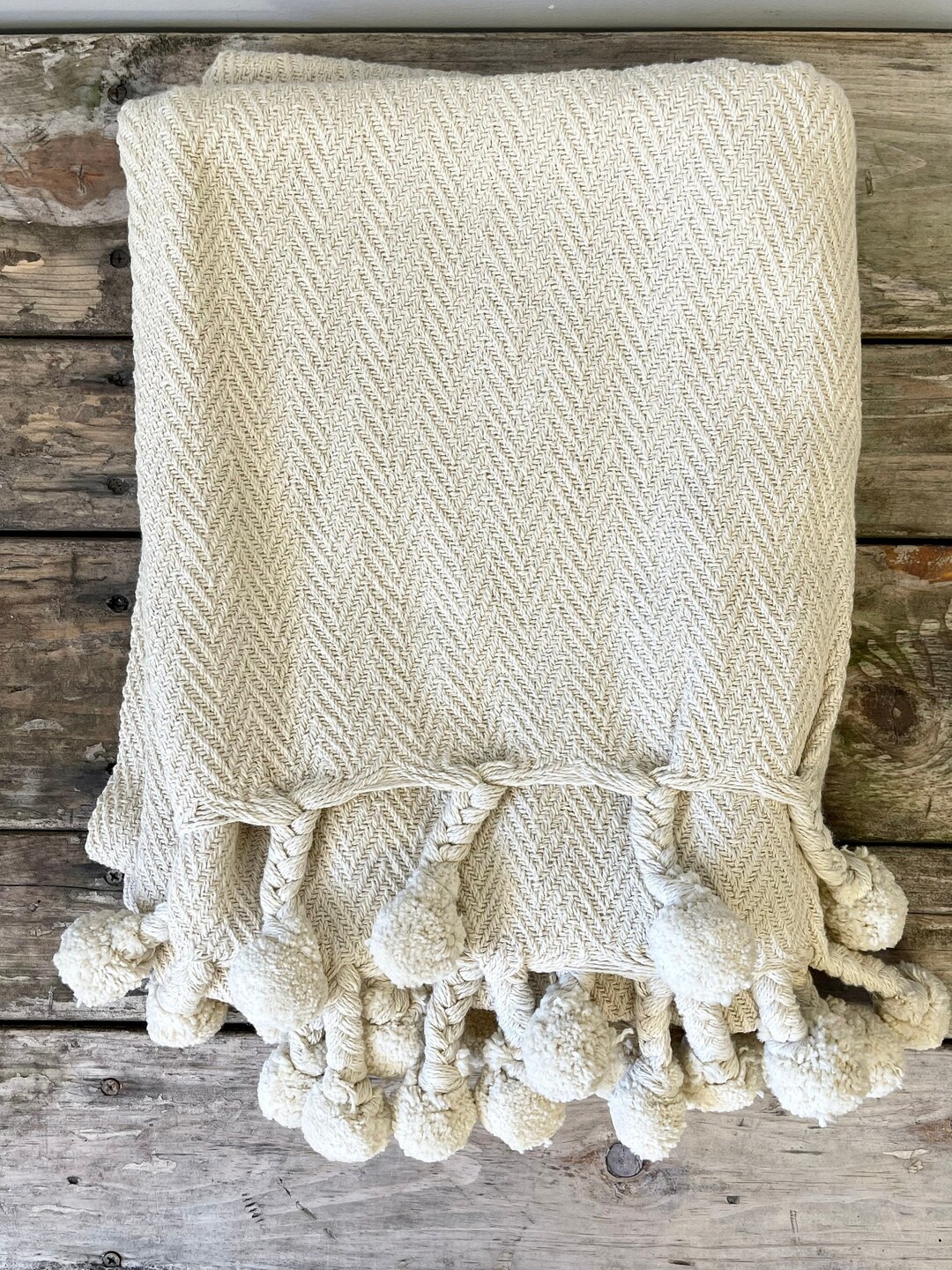 Cream Cotton Throw With Poms Cream Tassel Blanket Sofa Blanket Couch