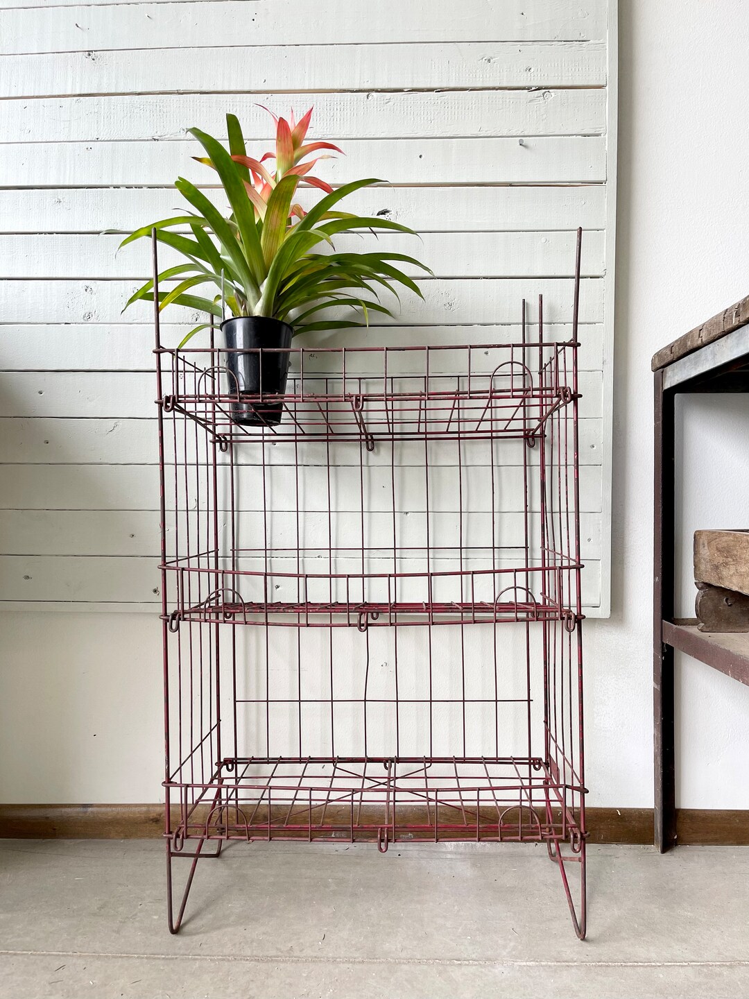 Vintage Red Wire Metal Rack Shelves Folding Display Newspaper