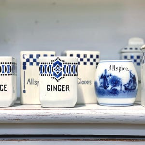 Antique Blue Stencil German Spice Jars Blue White Kitchen Modern Farmhouse Spice Jars Shaker Ginger Pepper Allspice Cloves Cinnamon