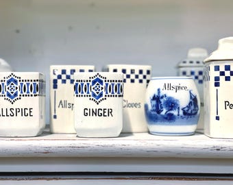 Antique Blue Stencil German Spice Jars Blue White Kitchen Modern Farmhouse Spice Jars Shaker Ginger Pepper Allspice Cloves Cinnamon