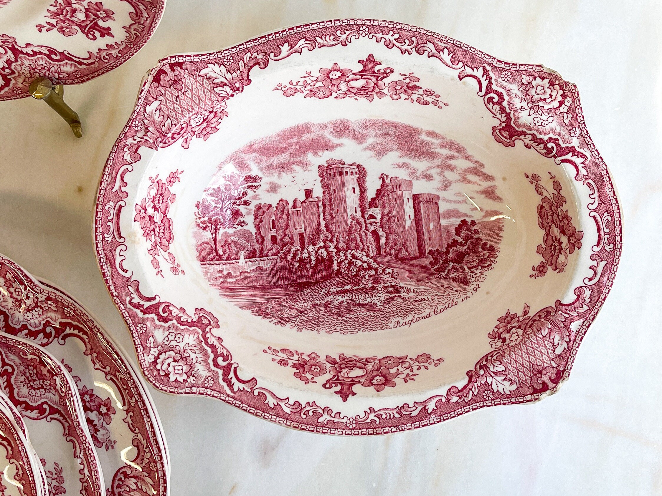 Red and White Transferware Johnson Bros Old Britain Castles China