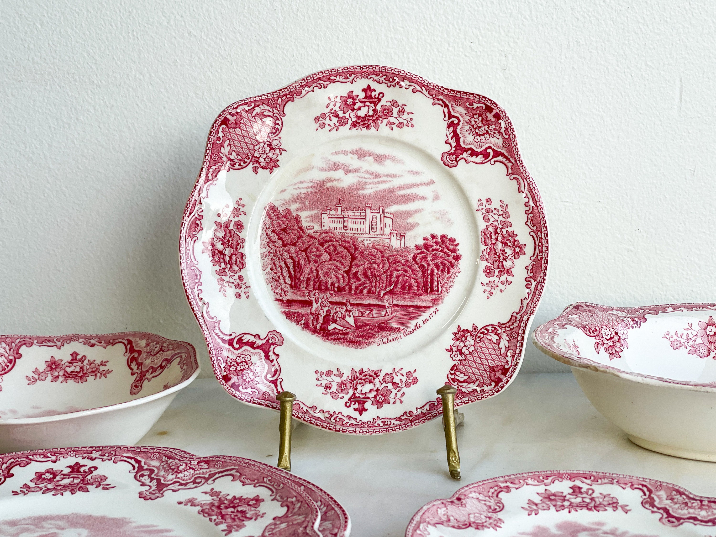 Red and White Transferware Johnson Bros Old Britain Castles China