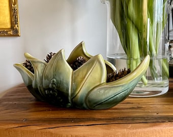 Mid Century Green and Yellow Leaf Planter | Tulip | Ceramic | Petal Shape