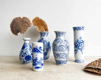 Vintage Blue and White Stencil Small Porcelain Vases  Japanese Chinese Asian Petite Bud Vase Single Bud Vase Cylinder Chinoiserie