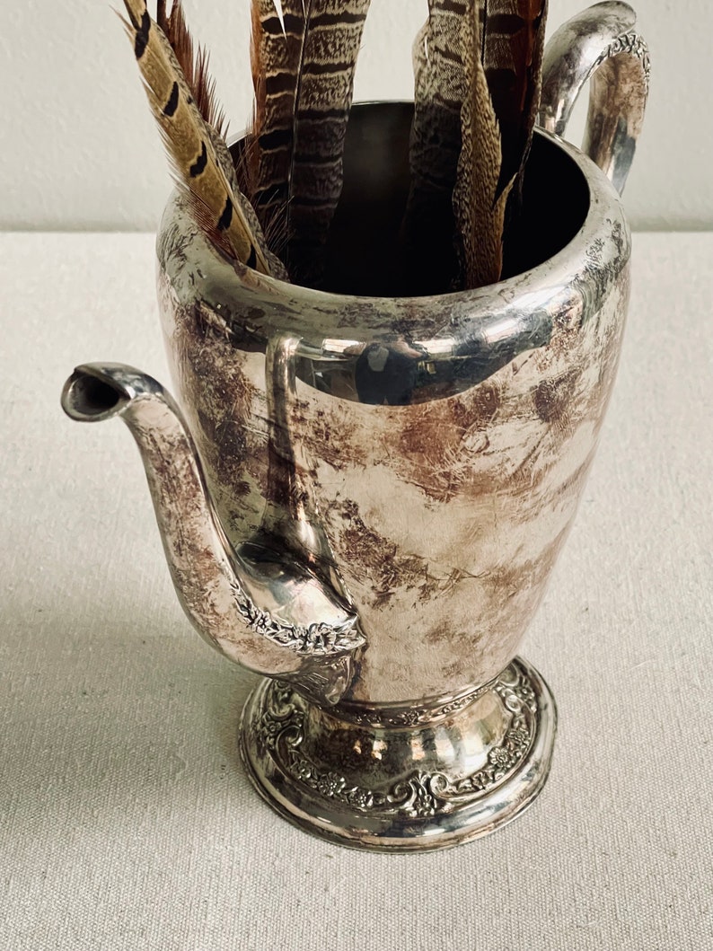 Silver Pitcher Antique Pitcher Tarnished Silver Vase Display Flowers Branches Shabby Chic Silverplate image 5