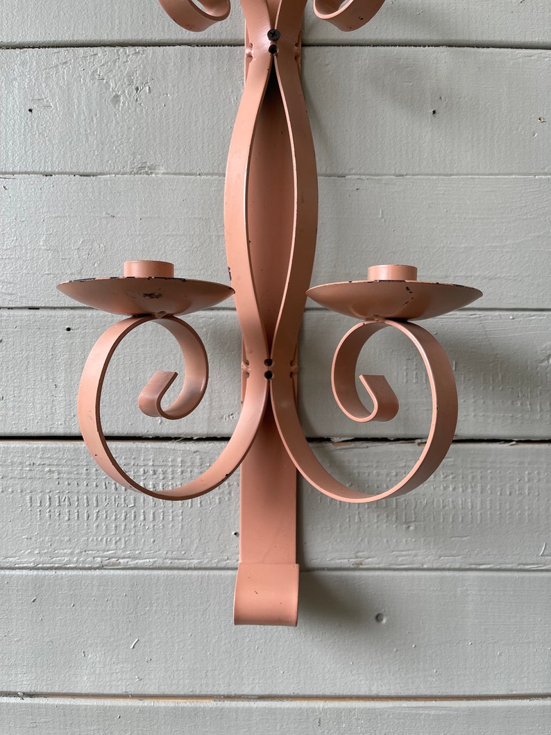 Pink Sconce Taper Candleholder Wall Hung Shabby Chic Metal Sconce Girly Pink Decor Outdoor Balcony Patio Vintage Curvy Candle Holder image 2