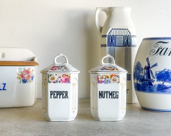 Antique Floral Stencil Czech Spice Jars | Blue + White Kitchen | Antique European | Modern Farmhouse | Spice Jars Shaker | Pepper Nutmeg