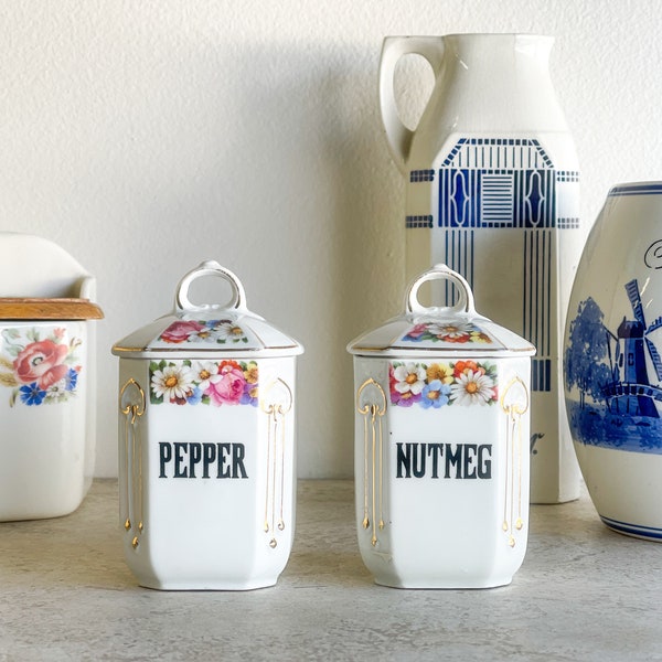 Antique Floral Stencil Czech Spice Jars | Blue + White Kitchen | Antique European | Modern Farmhouse | Spice Jars Shaker | Pepper Nutmeg