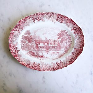 Vintage Transferware Oval Platte J & G Meakin Rot und Weiß Englisch Steingut Romantische England Platte Burgandy Igntham Mote Kent England