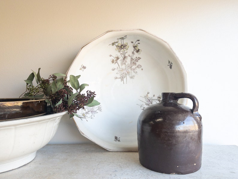 Ironstone Wash Basin Large White Floral Bowl Heavy Stoneware Shabby Chic Antique China Brown and White Modern Farmhouse image 2