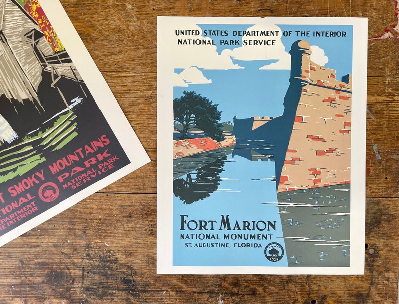 Vintage WPA Poster US Department of the Interior National Park Poster Fort Marion National Monument St Augustine FL 1930s Travel Poster image 1