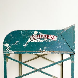 Antique Industrial Metal Table Bar Store Display Potting Bench Outdoor Steel Dark Green Graphic Advertising Furniture Salvage Standing Desk