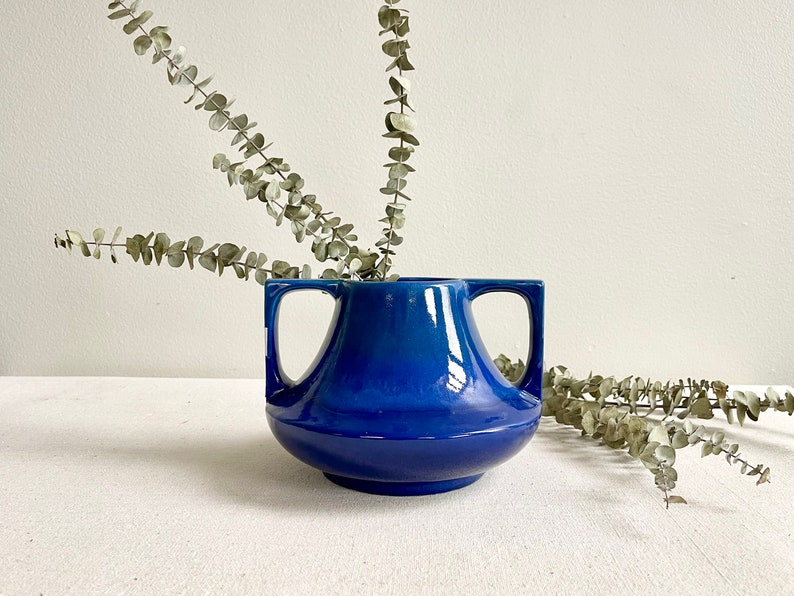 Cobalt Blue Haeger Eve Vase Drip Glaze Double Handle Arts Crafts Style Pottery USA image 2
