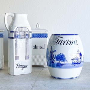Antique Blue Stencil Farina Flour German Dutch Ceramic Canisters  Blue + White Kitchen Antique German Canister French Blue Windmill