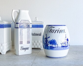 Antique Blue Stencil Farina Sugar German Dutch Ceramic Canisters  | Blue + White Kitchen | Antique German | Canister French Blue Windmill