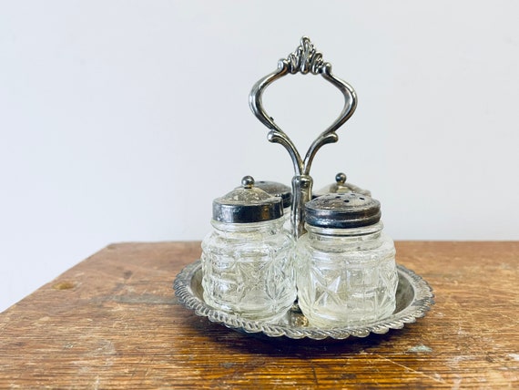 Antique Cut Glass Salt Pepper Shakers Spice Jars on Silver Tray