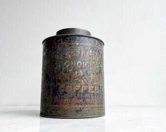 Antique Coffee Tin Black Metal with Lid Sunset Club Choice Mocha + Java Coffee Large Coffee Can Joannes Bros Green Bay WI Advertising