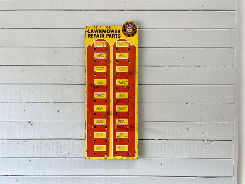 Lawnmower Repair Parts Display Hardware Store Industrial Display Red and Yellow Wood Rack Wall Rack Necklace Display Jewelry Display image 3